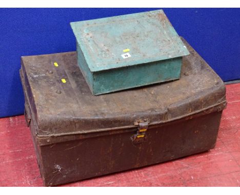 A vintage tin travel trunk &amp; a slipper box painted green