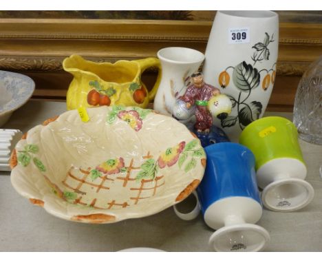 Two colourful Carltonware mugs, two Radford vases, a Burleighware fruit bowl etc