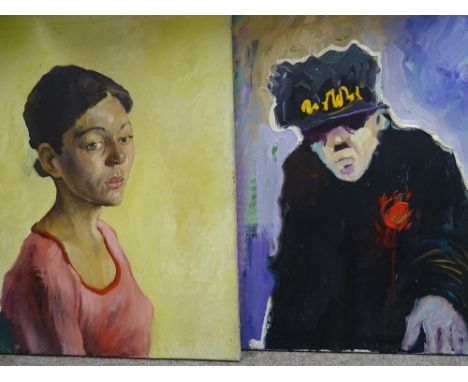 JOHN CHERRINGTON two oils on canvas - a portrait study of a young woman &amp; another of elderly lady wearing a hat, both uns