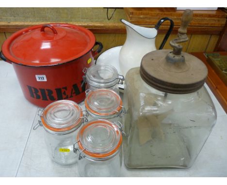 A red enamel bread bin, enamel basin and jug set, provision containers etc