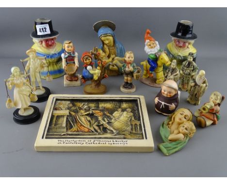 A mixed tray of collectables including Hummel &amp; other figurines, two Welsh lady jugs &amp; an ivorex plaque depicting the