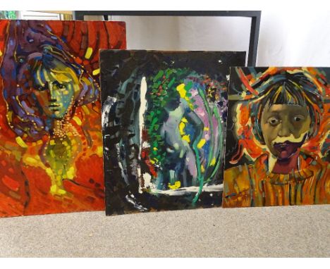 JOHN CHERRINGTON three oils on board - colourful psychedelic portrait studies, all signed, two dated '78 &amp; 1985