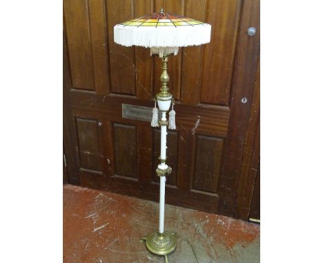 French style gilt brass and white standard lamp with coloured glass style leaded shade E/T