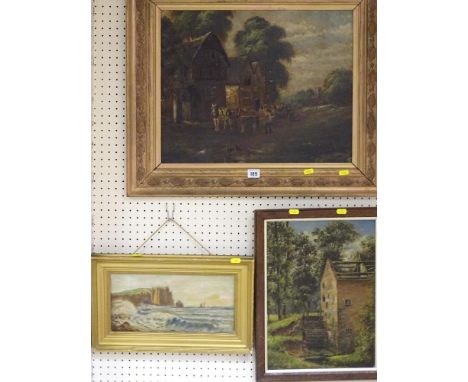 Three oil paintings - horse and cart, seascape and an old mill, various sizes