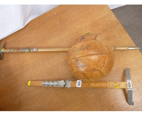 A vintage Beatall football, a dressmaker's measuring stick &amp; a Swiss-type walking stick in the form of an ice pick with n