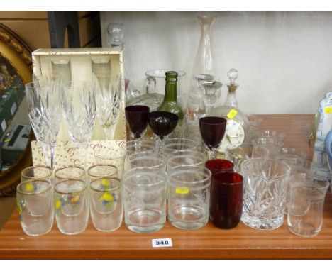 A quantity of vintage &amp; modern drinking &amp; other glassware, a mid-century anniversary clock &amp; two glass beer bottl