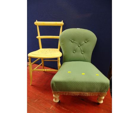 Vintage button upholstered bedroom chair and a cream painted side chair