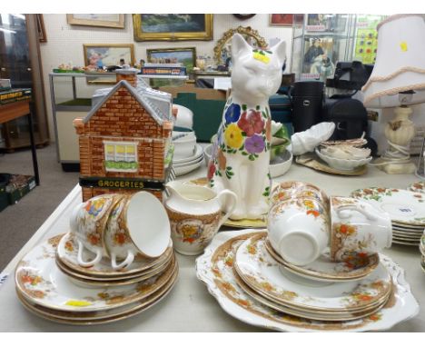 A vintage part-teaset, a pottery seated cat, a Royal Doulton Gaffers plate etc