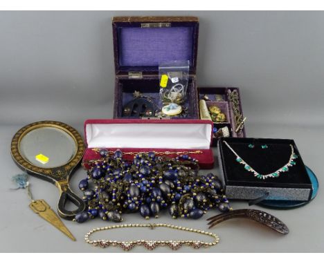 A collection of mainly vintage jewellery to include 14ct &amp; other gold, a decorative hand mirror, a seal-type fob etc