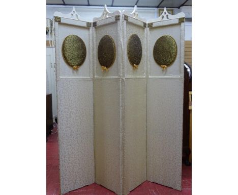 Vintage painted and fabric covered four fold dressing screen