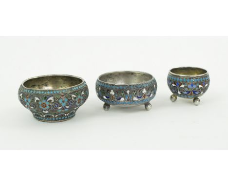 RUSSIAN SILVER AND ENAMEL SALTS, three various, 6cm diam., 5.5cm diam. and 3.5cm diam/ (3)
