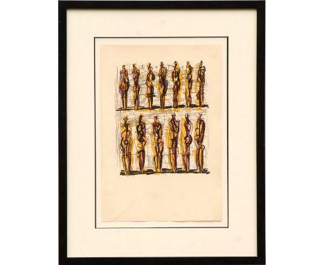 HENRY MOORE, 'Thirteen standing figures', lithograph, the paper bears a Henry Moore watermark, 1958, 46.5cm x 31cm, framed an