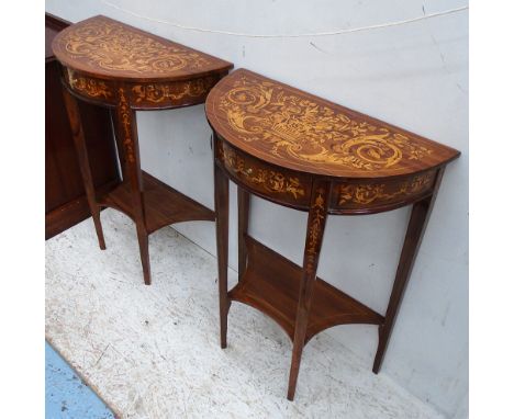 DEMI LUNE TABLES, a pair, marquetry with drawer and shelf below, 59cm x 31cm x 76cm H. (2)