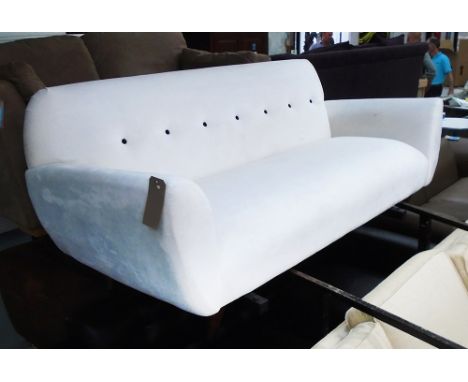 SOFA, two seater, button back in cream on turned supports, 187cm L. (marks to fabric)