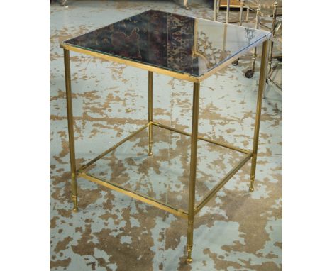 LAMP TABLE, brass framed with square mirrored top and glass undertier, 72cm H x 55cm W.