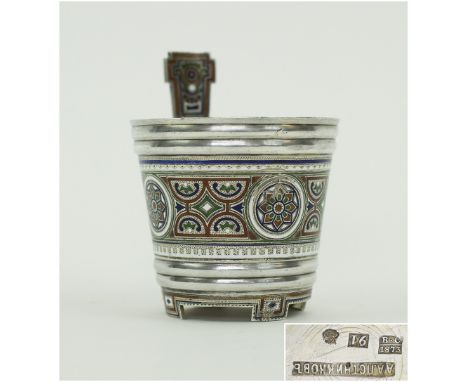 RUSSIAN SALT, hallmarked silver with coloured enamel band decoration, 6cm diam. x 5.5cm H.