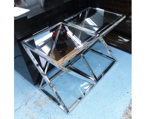 SIDE TABLES, a pair, with glass top and shelf below on a chromed metal frame, 40cm x 40cm x 55cm H. (2)