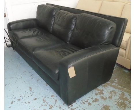 SOFA, three seater in black leather on block supports, 210cm L.