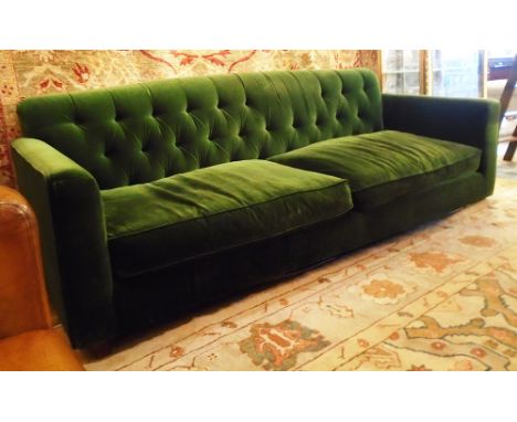 SOFA, green velvet from Liberty, with a buttoned back, 84cm H x 227cm L x 93cm D. (with faults)