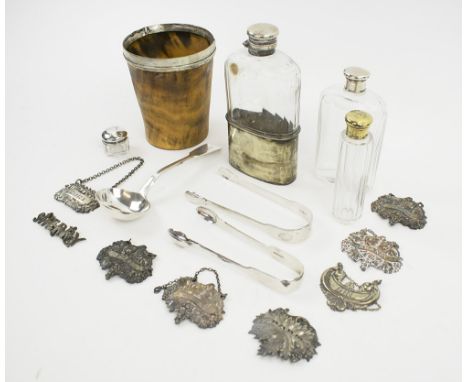 DECANTER LABELS, a collection of eight various, a silver horn beaker, ladle, and two silver sugar tongs, Victorian glass hip 