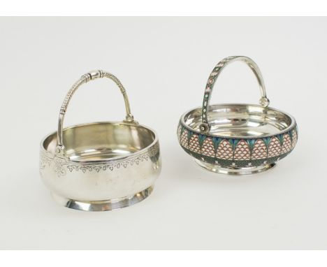 RUSSIAN SILVER BOWLS, one with enamel decoration, the other with engraved rim, both with overhead swing handles, 10cm diam. a