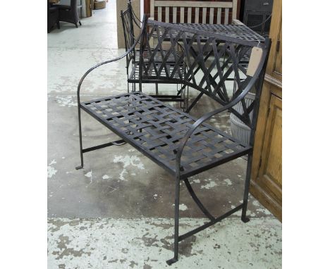 GARDEN BENCH, vintage weathered black metal framed with woven panel seat, 102cm W.