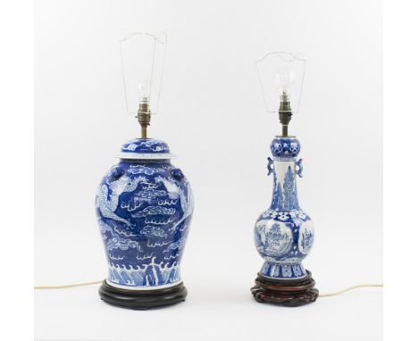 TABLE LAMP, Chinese blue/white ceramic of baluster form, 40cm H, and another, 41cm H, both with shades. (2) (faults to stand)