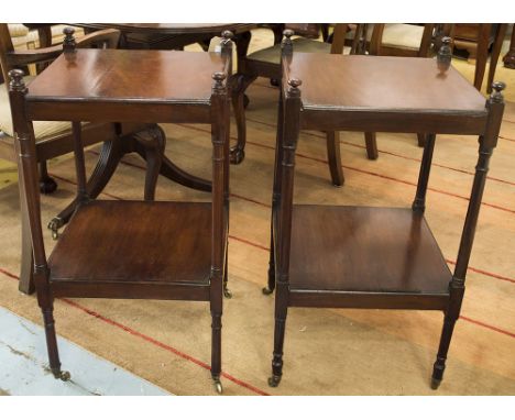 LAMP TABLES, a pair, George III mahogany each square with undertier shelf, finials and castors, 71cm H x 92cm W x 34cm D. (2)