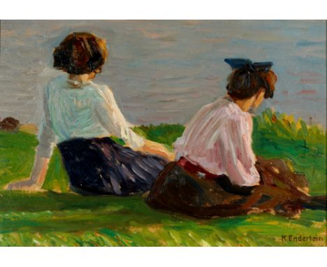 Ewald Max Karl ENDERLEIN (1872-1958) sitzende Mädchen an Flussufer, seated girls at riverbank,Öl/Malplatte, u. rechts signier