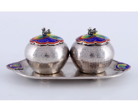 999 Silber Guilloche Emaille Paar Gewürzdosen, Fine silver guilloche enamel spice containers,Silber, 999/000, gestempelt 99 S