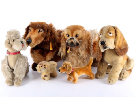 Steiff 5 Hunde Stofftiere, 1950/60er, vintage stuffed animals,mit Steiff-Knopf, Herstellung 1950/1960er Jahre, 1x Basset Hush