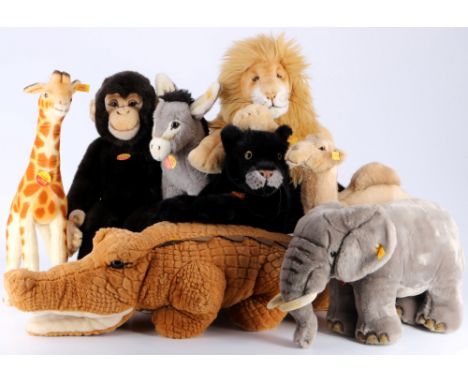 Steiff 8 große Stofftiere, diverse afrikanische Tierarten, large stuffed animals,alle mit Steiff-Knopf, enthalten sind Krokod