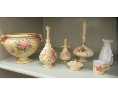 Six items of early 20thC Royal Worcester blush ivory china collectables: to include three vases&nbsp; largest 7.75"h; and ano