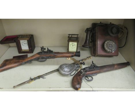 20thC collectables: to include a vintage telephone; two carriage clocks&nbsp; 6"h&nbsp; one cased; and two replica blunderbus