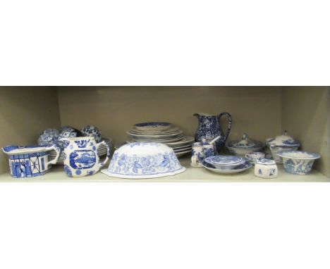 Blue and white table ceramics: to include plates, cream jugs and jelly moulds with examples by Burgess &amp; Leigh, Spode and