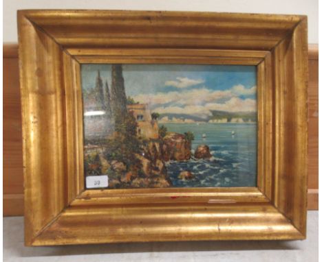 Continental School - a seascape with a house overlooking the bay&nbsp; oil on panel&nbsp; 9" x 12.5"&nbsp; framed 