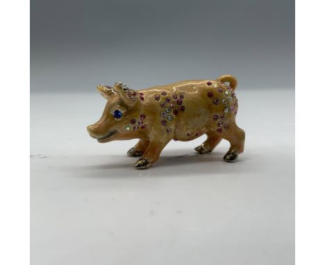 Beautiful tiny pig figurine with enamel and colorful crystals. Jay Strongwater stamp on the belly. Dimensions: 1.75"L x 0.75"
