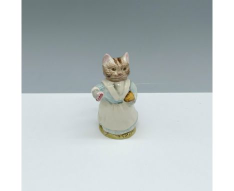 Glossy porcelain figure of a cat holding a bar of soap. Royal Albert Beatrix Potter backstamp. This item has its original box