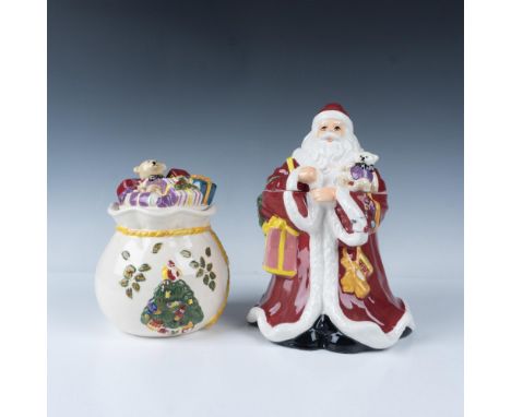 This box set includes two figural cookie jars: one modeled as Santa and the other as his bag of toys. The largest jar measure
