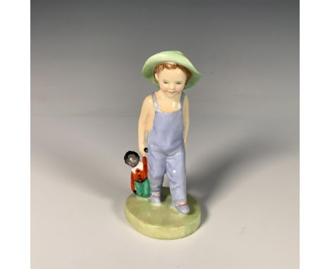 Glossy figure of a boy wearing a sun hat, carrying around his ragdoll. Part of the Harradine Child Classics series. Royal Dou