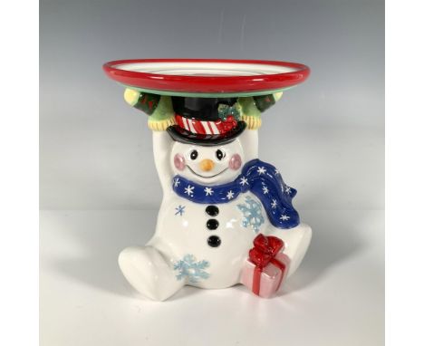 Adorable dapper snowman made of painted ceramic will hold up to a 3" candle above his head. He is dressed in a blue scarf wit