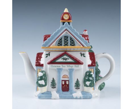 Adorable Christmas Tree Village Hall teapot with interlocking lid. Santa sits on the corner of the roof and a giant Christmas