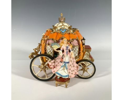 Whimsical music box designed as Cinderella's pumpkin carriage. Cinderella is making her exit with fan in hand and her pink dr