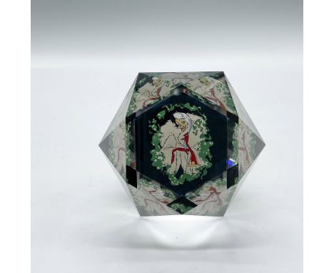 Limited edition polygon Swarovski crystal is designed with Cruella surrounded by green vines. Arribas Bros. Collection card. 