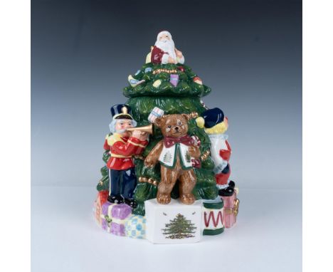 A delightful hand-painted figural cookie jar showcasing Santa atop a festive Christmas tree, beautifully decorated with gifts