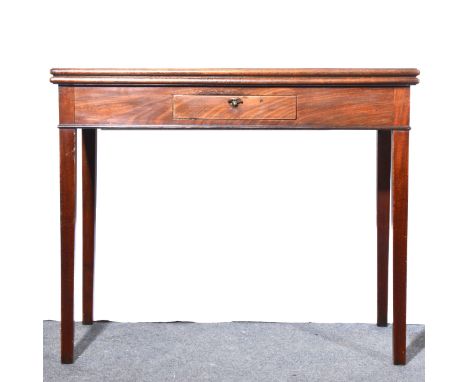 George III mahogany card table, rectangular fold-over top with a moulded edge, plain frieze, square tapering legs, width 91cm