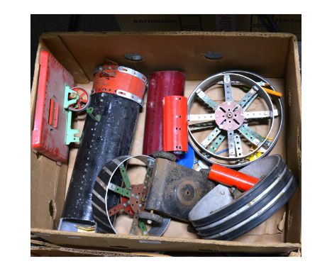 Collection of Meccano, including Mamod base plate, scratch built parts for a Meccano steam traction engine, plates, strips, a