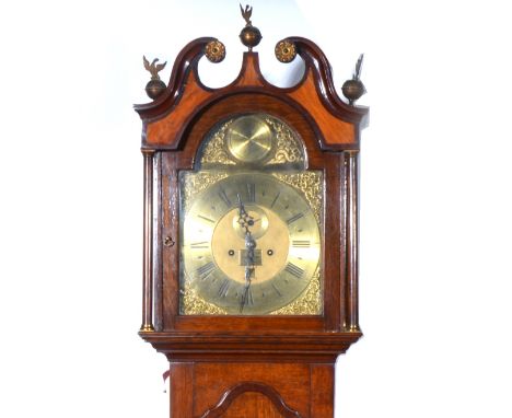 Oak longcase clock, swan neck pediment and satinwood panels, ebony stringing, close wood cross-banding, hood with turned colu