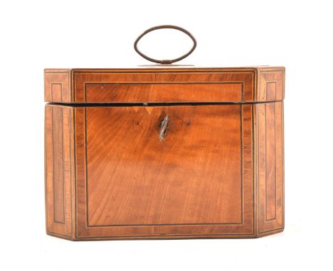 George III satinwood tea caddy, rectangular form with canted corners, rosewood crossbanding, boxwood and ebony stringing, the