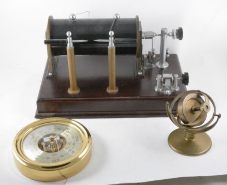 A brass Gyroscope, Tokyo Keiki Co. Ltd, 18cm, cased; and induction coil; brass balance scales; crystal set; barometers, etc.